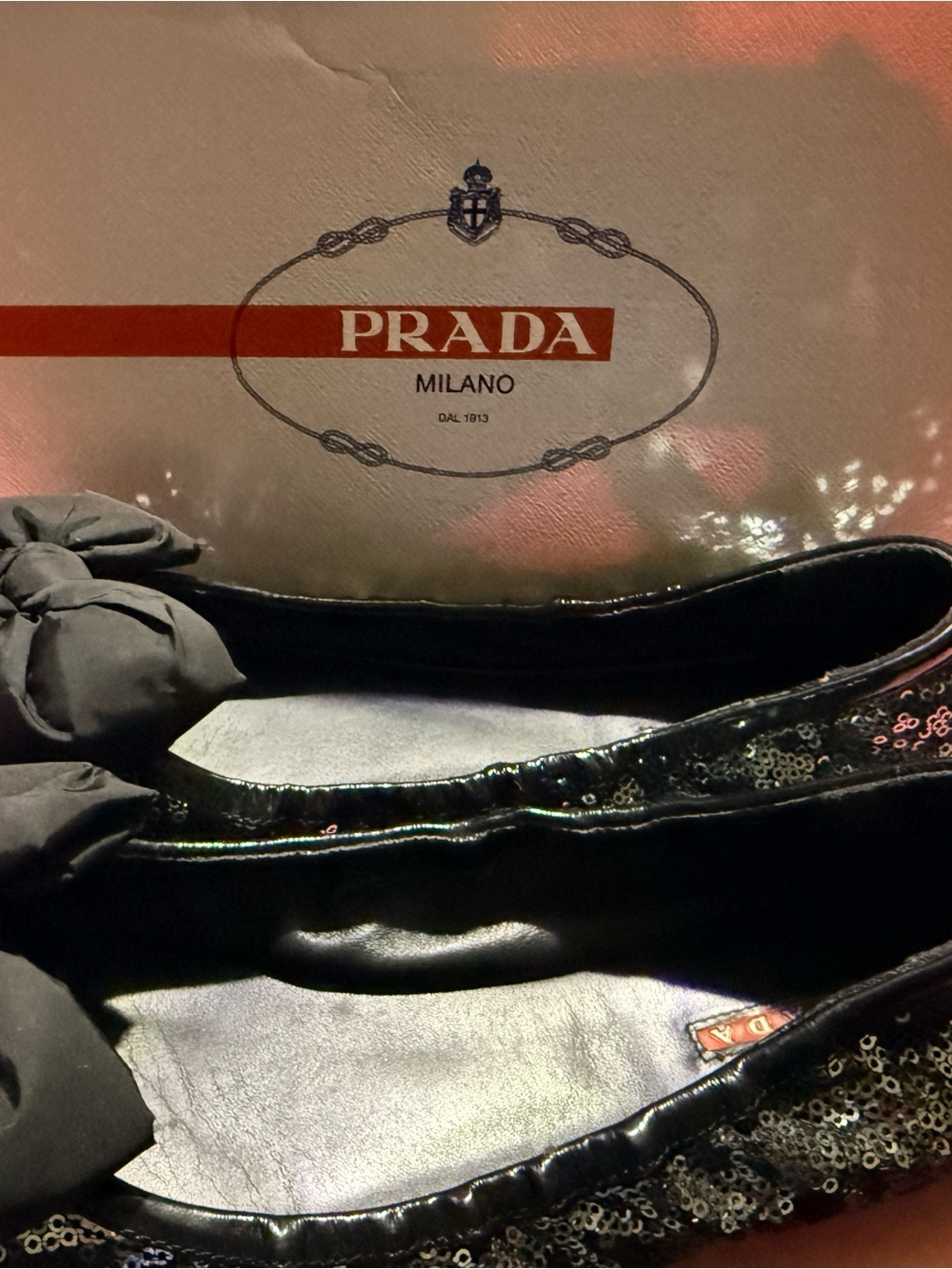 Prada Black Sequin Bow Flat Ballet Shoes